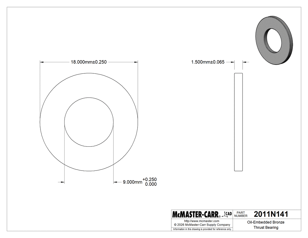 Technical Drawing of Oil-Embedded Bronze Thrust Bearing, for 9 mm Shaft Diameter, 18 mm OD, 1.5 mm Thick.